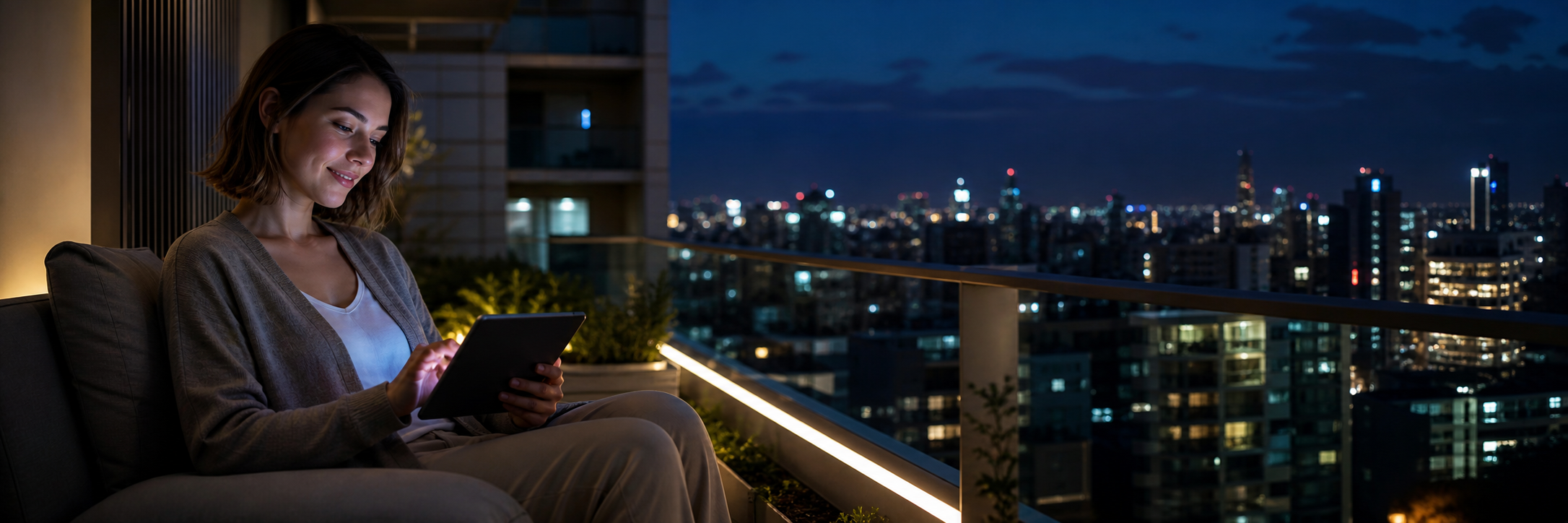 Usuaria adulta utilizando una tablet frente al skyline nocturno.